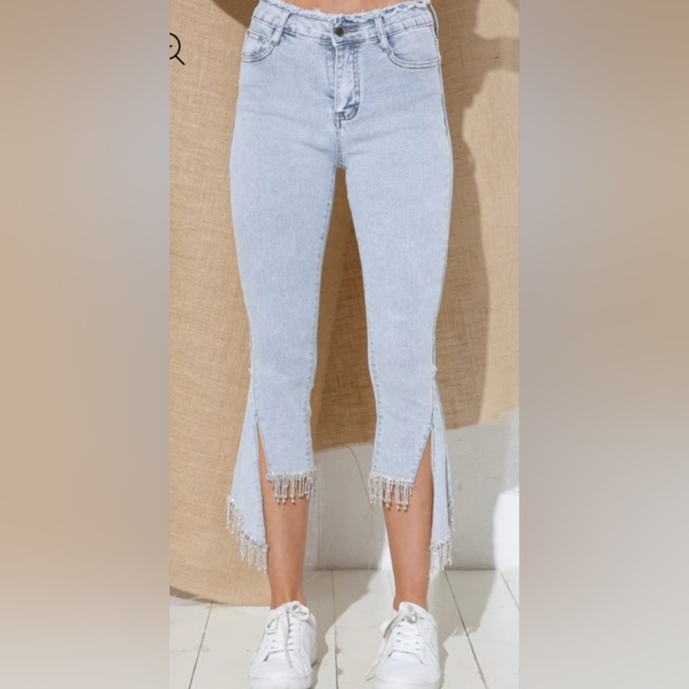 BLUE B RHINESTONE UNEVEN FRINGE HEM DENIM BLUE JEANS- L (31) - Picture 9 of 11